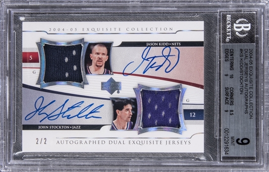 2004-05 UD "Exquisite Collection" Dual Jerseys Autographs #KS Jason Kidd/John Stockton Dual Signed Game Used Patch Card (#2/2) – BGS MINT 9/BGS 9